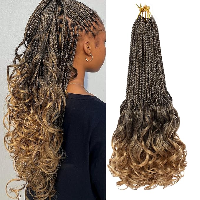 18 Inch French Curl Crochet Braids 9 Packs Ombre Blonde Pre Looped Goddess Box Braids with Curly Ends Synthetic Bouncy Crochet Hair for Women