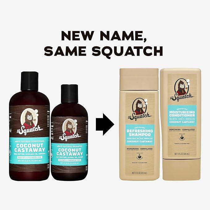Dr. Squatch Natural Hair Bundle for Men - Healthy, Full Looking Hair - Coconut Castaway Shampoo (11 fl oz), Coconut Castaway Conditioner (11 fl oz)