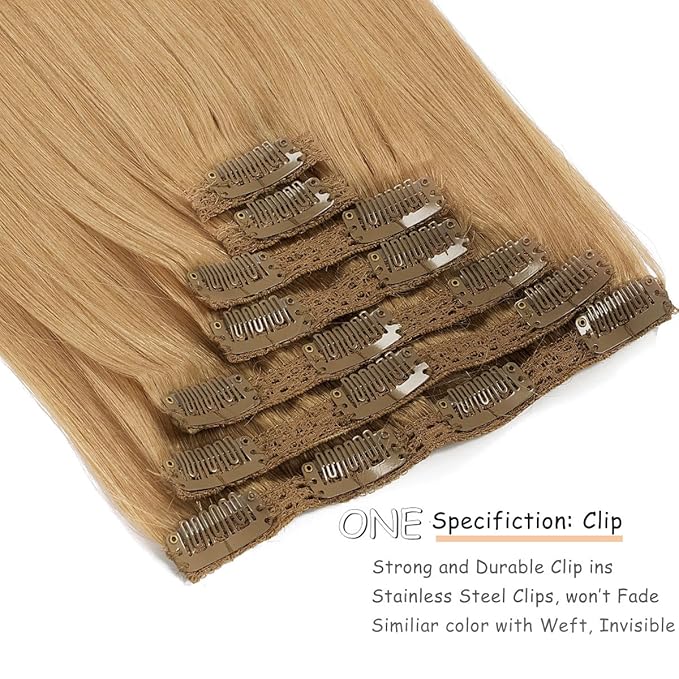 Caliee Remy Hair Extensions Clip in Human Hair Silky Straight Thick Ends Color 27 Caramel Blonde Clip in Hair Extensions Human Hair for Full Head Invisible Lace Weft 120 G 18 Inch