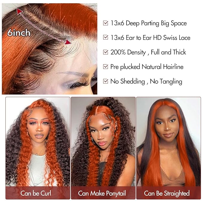 250% Density 36 Inch Deep Wave Lace Front Wigs Human Hair Pre Plucked 13x6 HD Transparent Lace Frontal Wigs Ginger Orange Colored Human Hair Deep Curly Glueless Wigs Human Hair for Women