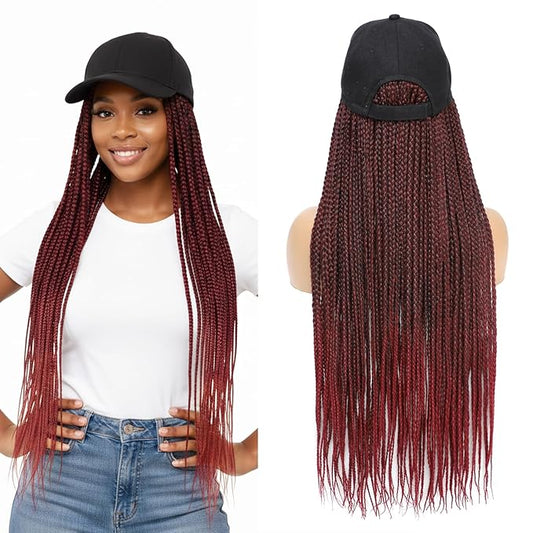 Hat Wig for Women Baseball Cap with Braided Hair Attached Synthetic Box Braid Wig Hat Adjustable Cap with ombre burgundy Braids for Daily Outdoor Halloween Use