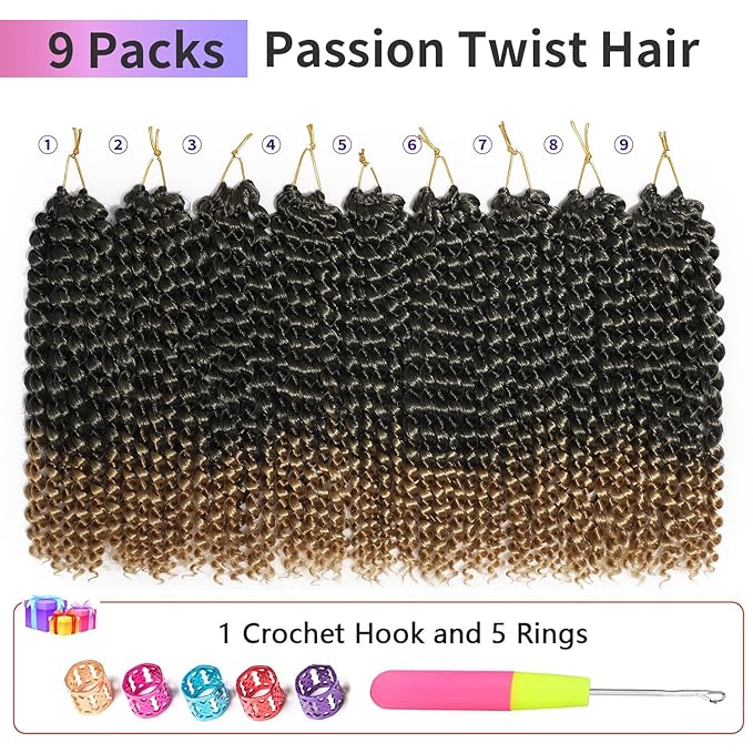 Ombre Color Passion Twist Crochet Hair for Women 9 Packs 10 Inch Water Wave Short Twist Crochet Hair Curly Pre-looped Braiding Hair Extensions For Butterfly Locs Braids 1b27