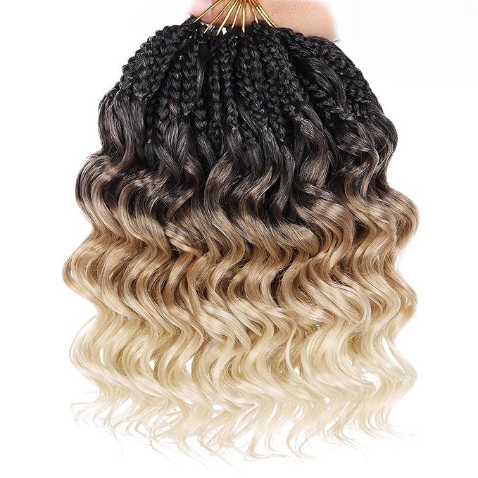 Leeven 10 Inch Pre Looped Ocean Wave Crochet Hair 8 Packs Boho Ocean Braids 3 Tone Ombre Blonde Short Curly Crochet Hair Pre Twisted Synthetic Deep Wavy Crochet Hair for Women