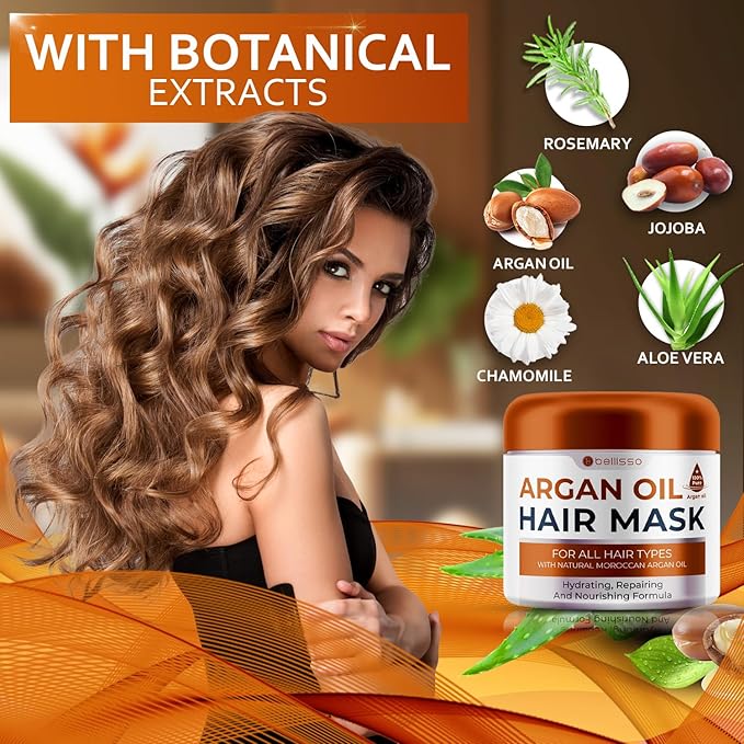 Moroccan Argan Oil Mask - Deep Conditioning Moisturizer for Dry, Extremely Damaged Hair - Hydrating Repair Treatment for Split Ends - With Collagen and Keratin for Curly, Frizzy and Color Treated Hair