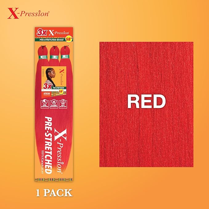 Sensationnel X-pression prestretched braiding hair - 3x braid 58 inch all kanekalon flame retardant synthetic braid for box braids and twists (1 pack, RED)