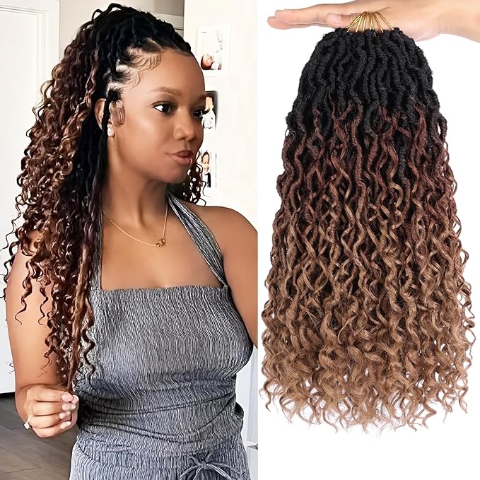 COOKOO Ombre Brown Goddess Locs Crochet Hair - 8 Packs, 14 Inch Curly Crochet Faux Locs with Curly Ends
