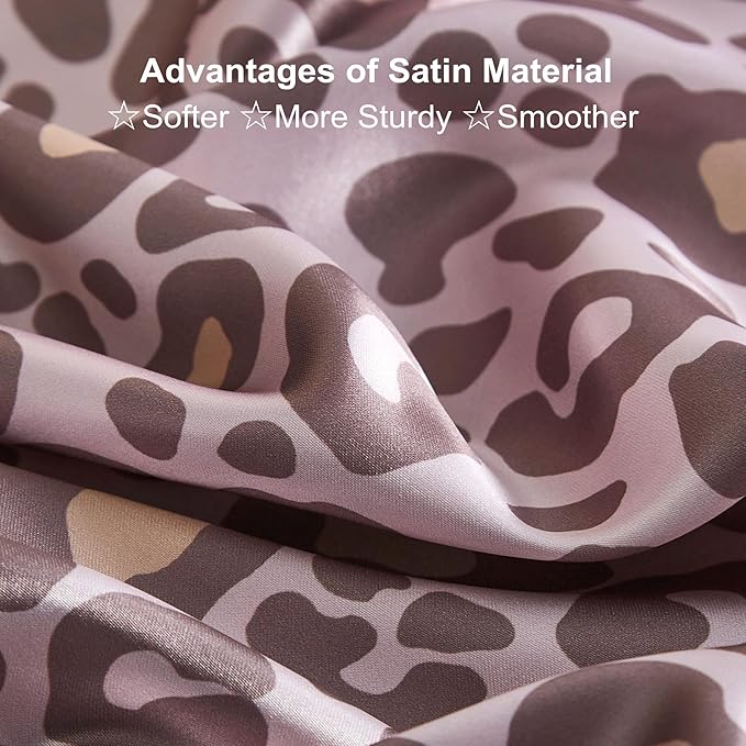Satin Pillowcase for Hair and Skin, Super Soft Vegan Silk Sleep Set-2 Satin Pillow Cases Standard Size, 1 Eye Mask, 1 Scrunchie, Self Care Essential Satin Night Routine Kit, Pink Leopard