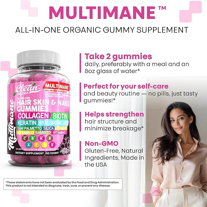 Clean Nutraceuticals Biotin Collagen Keratin Gummies | Hair Skin and Nails Vitamins for Women | Hyaluronic Acid Bamboo Vitamin A C D3 E Folate with Saw Palmetto Silica B3 B12 Vegan Gummy