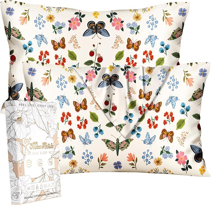 Silk Pillowcase 2 Pack - Cute Pillow Cases 20" x 26" Standard Size Set of 2 for Hair and Skin Smooth Soft Breathable with Hidden Zipper Cooling Pillow Covers for Sleeping, Butterfly Leaf