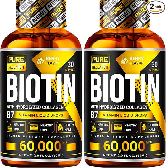 PURE RESEARCH Biotin & Collagen 60,000mcg Hair Growth Liquid Drops, Supports: Strong Nails, Glowing Skin, Healthy Hair Growth, More Absorption Than Capsules & Pills (4Fl Oz)
