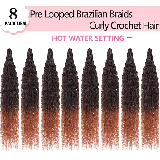 Xtrend Pre Looped Micro Brazilian Kinky Curly Crochet Hair 8 Packs 18 Inch Ombre Brown Micro Curly Braiding Hair Extensions Synthetic Deep Wave For Mini Senegalese Twist Hair (30 Strands/Pack，T30#)