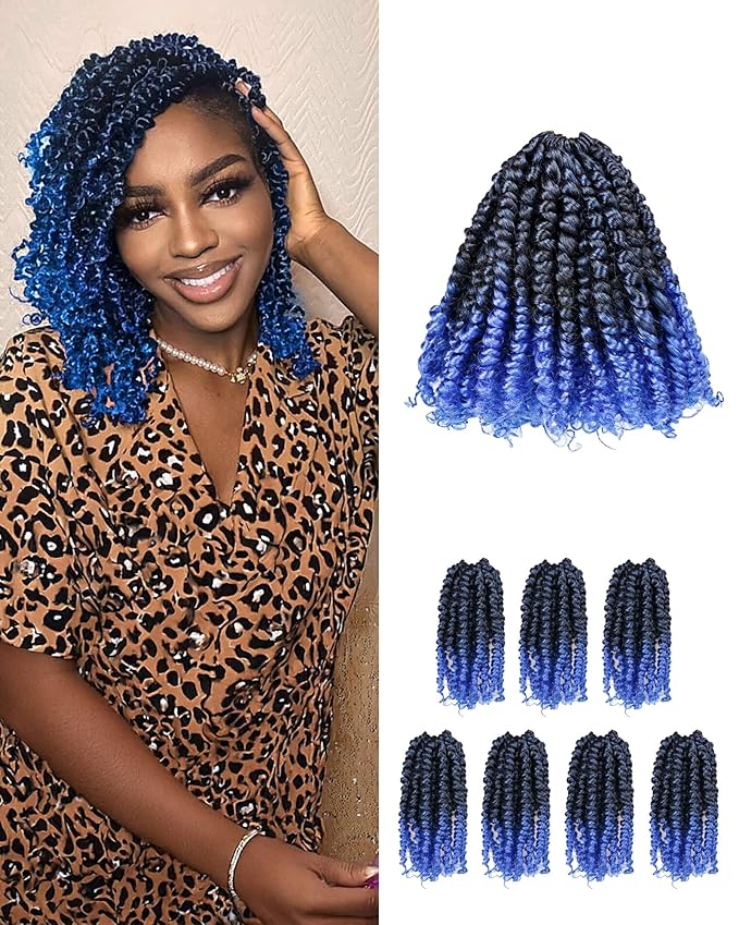 Super Short Passion Twist Crochet Hair for Black Women and Kids-6 Inch 7 Packs Ombre Blue Pre Looped Pre-twisted Passion Twist Hair,Bob Spring Kinky Twist Bohemian Curl(6"-7P,TBlue)