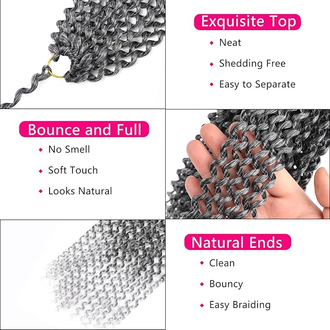 Grey Passion Twist Hair 14 Inch, 7 Packs Water Wave Crochet Hair Wrap Braiding Hair For Passion Twist Crochet Hair/Butterfly Locs/Spring Twist Crochet Braids Hair Extension(14in, T1B/Grey)
