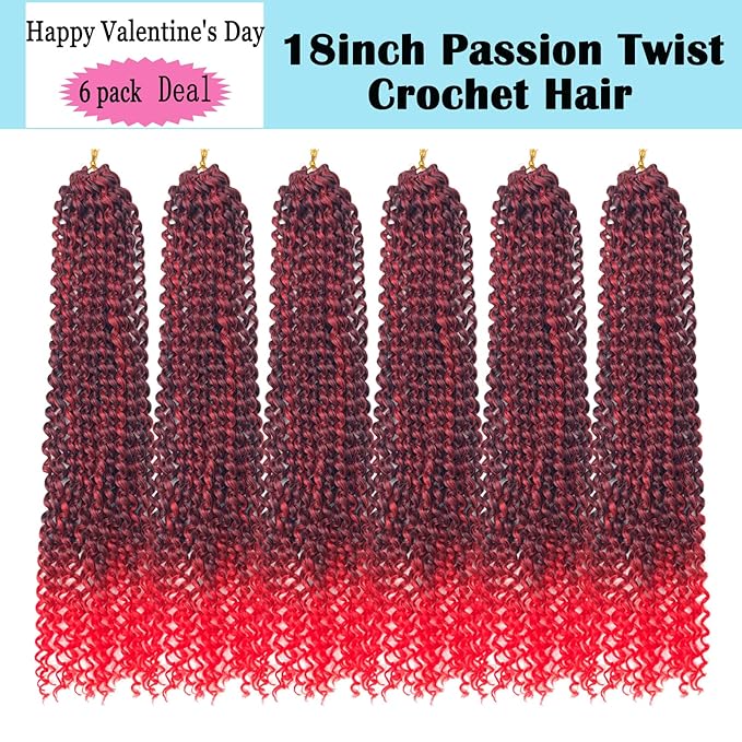 6 Packs Passion Twists Hair 18inch Ombre Red Water Wave Crochet Hair for Butterfly Soft Locs Synthetic Crochet Hair Passion Twist Long Bohemian Locs Braiding Hair Extensions (18inch T1B/Red#)