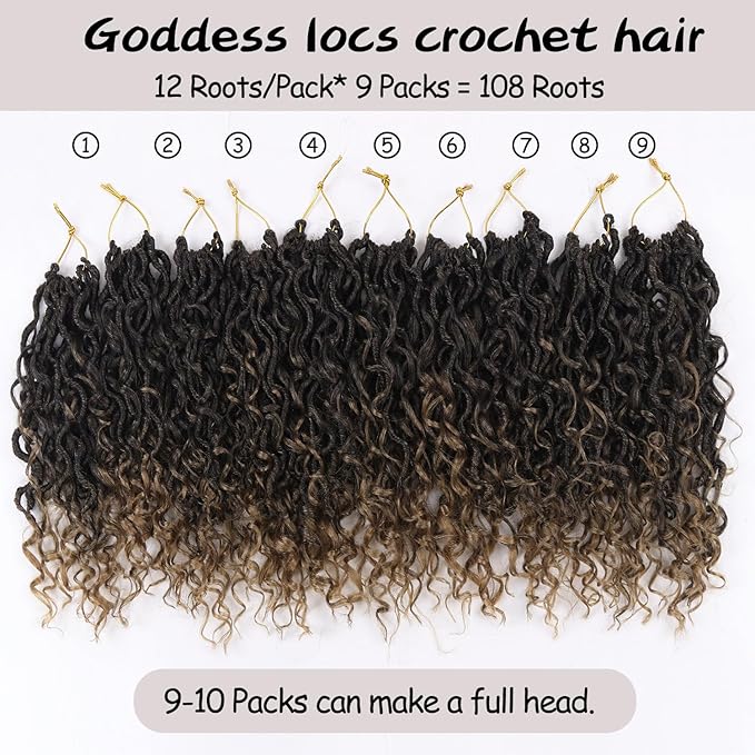 Goddess Locs Crochet Hair,12 Inch 9 Packs Synthetic Faux Locs Crochet Hair for Black Women,River Locs Hair Extensions Boho Style Pre looped Faux Locs with Curly Ends