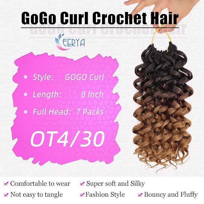 7 Packs GoGo Curl Crochet Hair 8 Inch Short Gray Curly Crochet Hair for Women Deep Wave Beach Curl Crochet Braids Synthetic Braiding Hair Extensions(8 Inch, OT4/30)