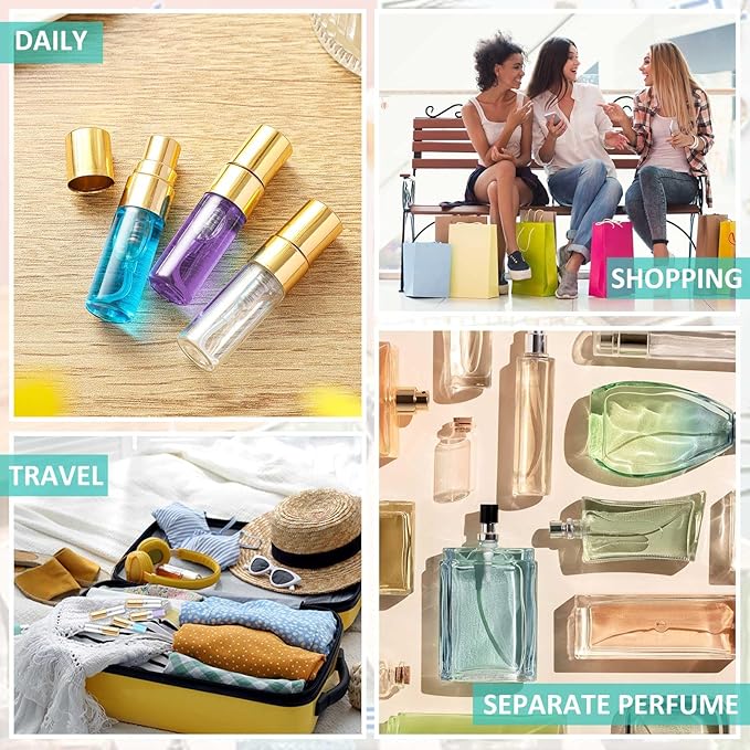 Zhehao 100 Pcs Mini Spray Bottles 3 ml Clear Glass Perfume Bottles Refillable Fine Mist Perfume Atomizer Portable Empty Sample Containers for Cleaning, Essential Oils, Travel (Gold Cap)