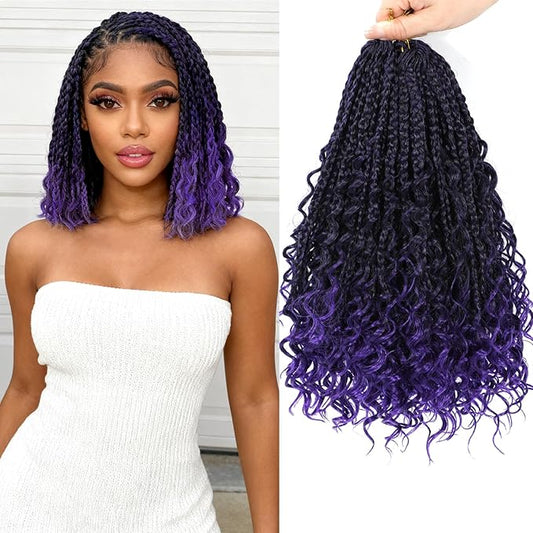 8 Packs Goddess Box Braids Crochet Hair -12 Inch Crochet Box Braids Bohomian Box Braid Crochet Hair Synthetic Braiding Hair Boho Braids Crochet Hair for Black Women(1B/Purple#)