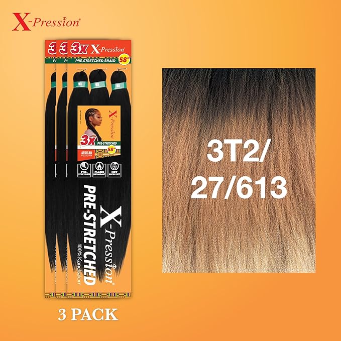 Sensationnel X-pression prestretched braiding hair - 3x braid 58 inch all kanekalon flame retardant synthetic braid for box braids and twists (3 pack, 3T2/27/613)