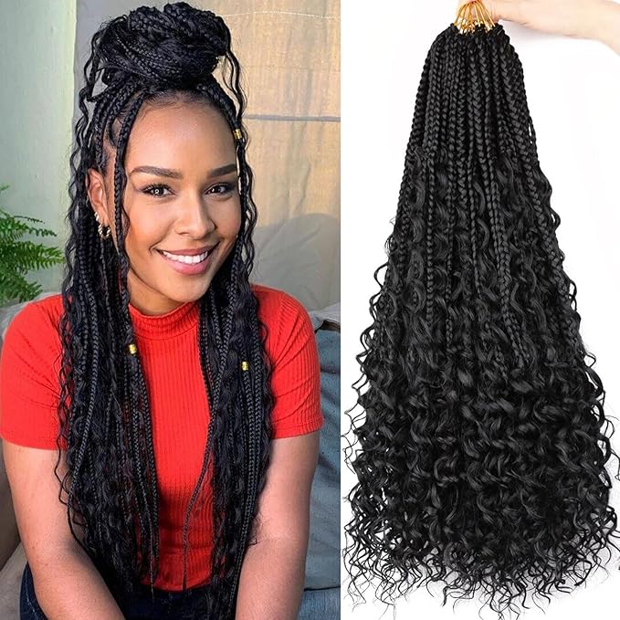 24 inch Goddess Box Braids Crochet Hair Bohemian Box Braids Curly Ends 8 Packs Crochet Box Braids Pre-looped Boho Box Braids Crochet Braids for Black Women Synthetic Braiding Hair Extension #2