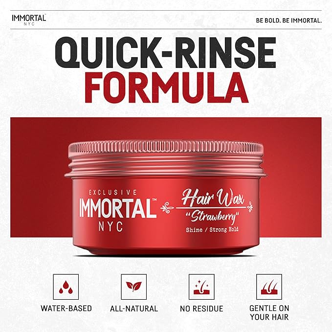 Immortal NYC Strawberry Hair Wax - 8 out of 9 Holding Ability, Max Shine - All Natural Water-Based Hair Wax for Men - No Residue, All Hair Types