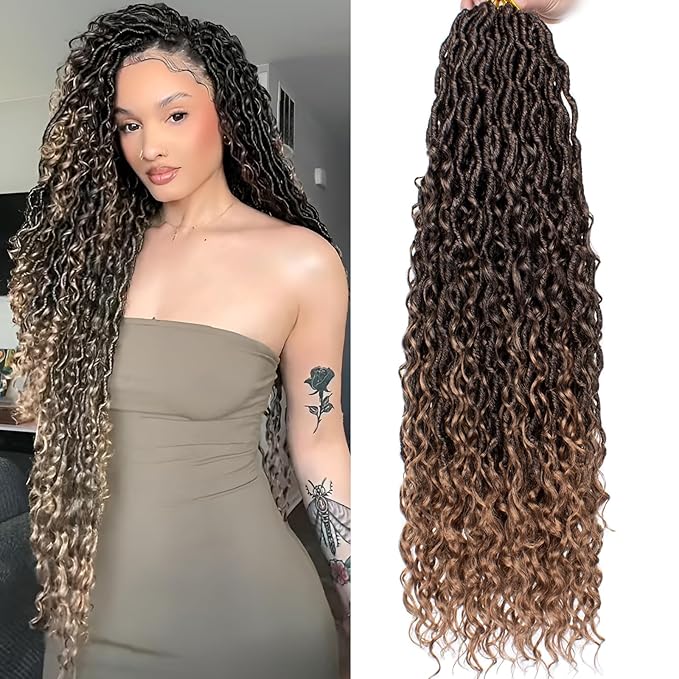COOKOO 30 Inch 8 Packs Ombre Goddess Locs Crochet Hair 12 Stands/Pack Boho Faux Locs Crochet Hair with Curls Pre Looped River Locs Crochet Hair for Women Bohemian Locs Synthetic Hair Extensions T27#