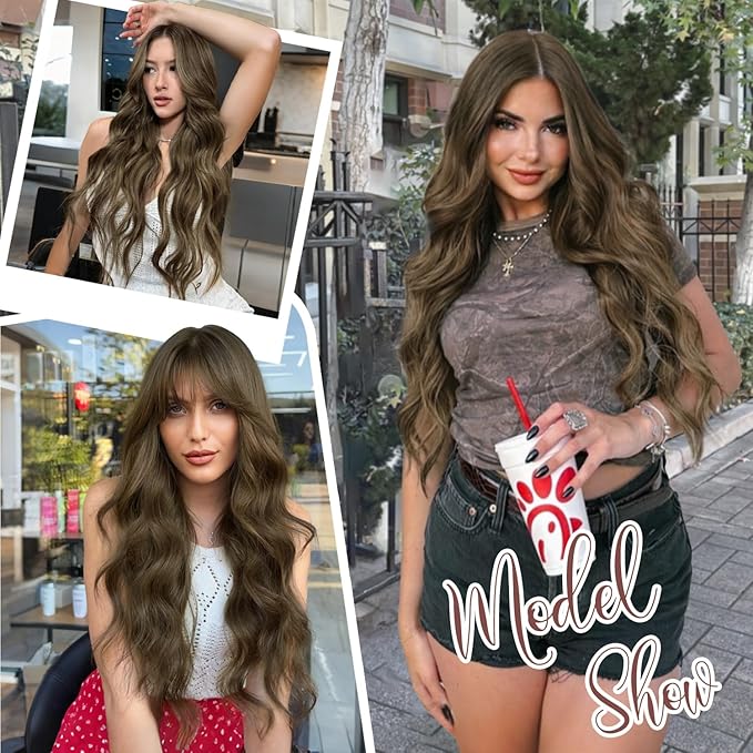 ALXNAN Clip in Long Wavy Synthetic Hair Extension 20 Inch Light Chestnut Brown 4PCS Thick Hairpieces Fiber Double Weft Hair for Women