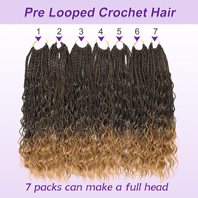 Eacia Goddess Box Braids Crochet Hair 18 Inch 7 Packs Bohemian Goddess Curly Crochet Hair Extensions for Women Pre Looped Box Braids with Curly Ends(18 Inch, T1B/27#)
