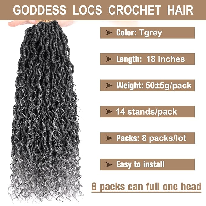 COOKOO Ombre Grey Bohemian Locs Crochet Hair 18 Inch 8 Packs Crochet Goddess Locs for Black Women Boho Faux Locs Crochet Hair Pre Looped Crochet Locs with Curly Ends River Locs Hair Extentions Tgrey#