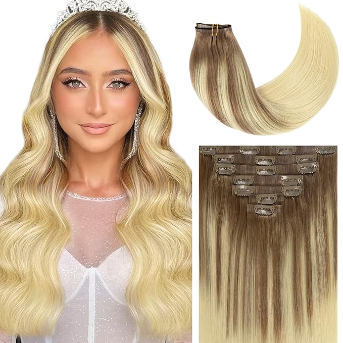 Caliee PU Clip in Hair Extensions Real Human Hair 22Inch Soft Thick Straight Clip in Hair Extensions Human Hair B8/60A Light Brown to Platinum Blonde Remy Human Hair Clip in Hair Extensions 110G