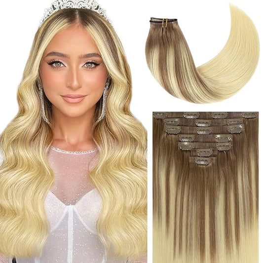 Caliee PU Clip in Hair Extensions Real Human Hair 22Inch Soft Thick Straight Clip in Hair Extensions Human Hair B8/60A Light Brown to Platinum Blonde Remy Human Hair Clip in Hair Extensions 110G
