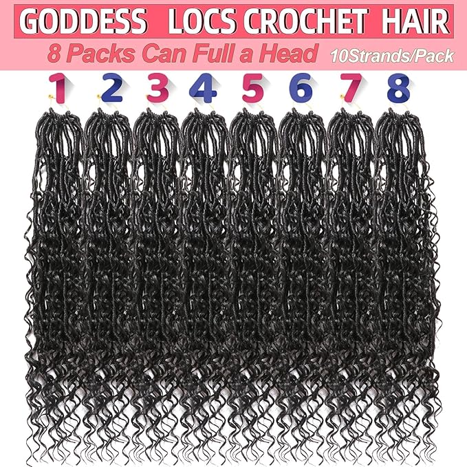 Goddess Locs Crochet Hair-18 Inch 8 Packs Boho Faux Locs Crochet Hair for Black Women Pre Looped Soft Locs with Curly Ends (1B#, 18 Inch(Pack of 8))