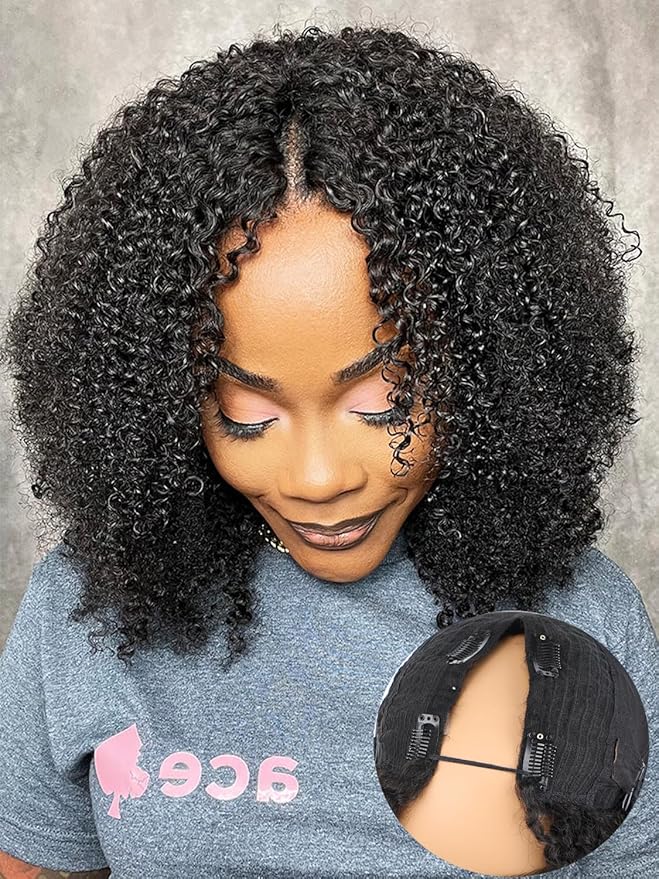 ISEE V Part Human Hair Afro Curly Minimal/No Leave Out Upgrade U Part for Black Women V Shape Kinky Curly Thin Part Glueless Clip In Half Wig 180% Density Natural Color 20 Inch