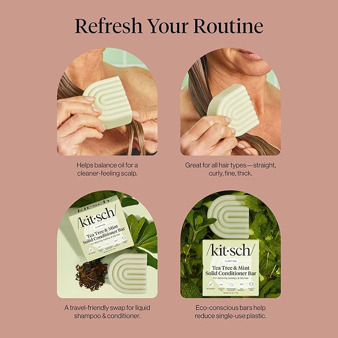 Kitsch Clarifying Tea Tree & Mint Conditioner Bar - Hair Conditioner for Scalp & Oil Control - Vegan Conditioner for Women and Men, Color-Safe, Sustainable Hair Care - Made in USA, 2.7 oz