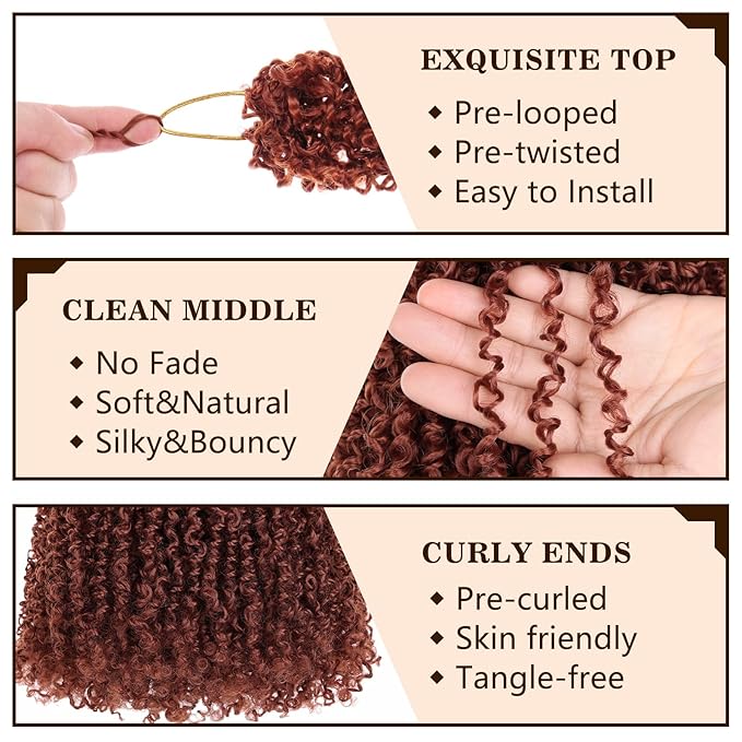 COOKOO 12 Inch 8 PCS Pre-curled Yanky Twist Synthetic Crochet Braids Hair Pre Looped Ginger Spring Twists Hair Short Passion Twists Crochet Hair Small Curly Twist Crochet Hair with Curls