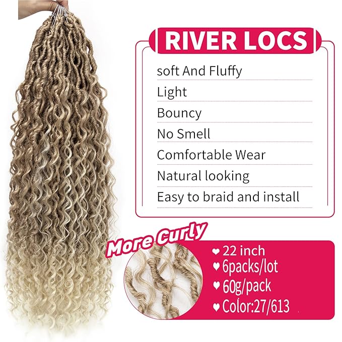 Goddess Locs Crochet Hair 22Inch Boho Faux Locs With Curly Ends 6Packs Pre-looped Crochet Hair Blonde River Hippie Bohemian Crochet Loc for Black Women(27/613, 22inch)