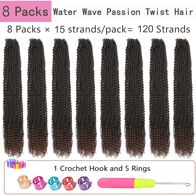 Passion Twist Crochet Hair Brown 30 Inch 8 Packs Long Passion Twist Hair Water Wave Braiding Hair Curly Spring Twist Hair Synthetic Hair Extension (30 Inch (Pack of 8), T30)