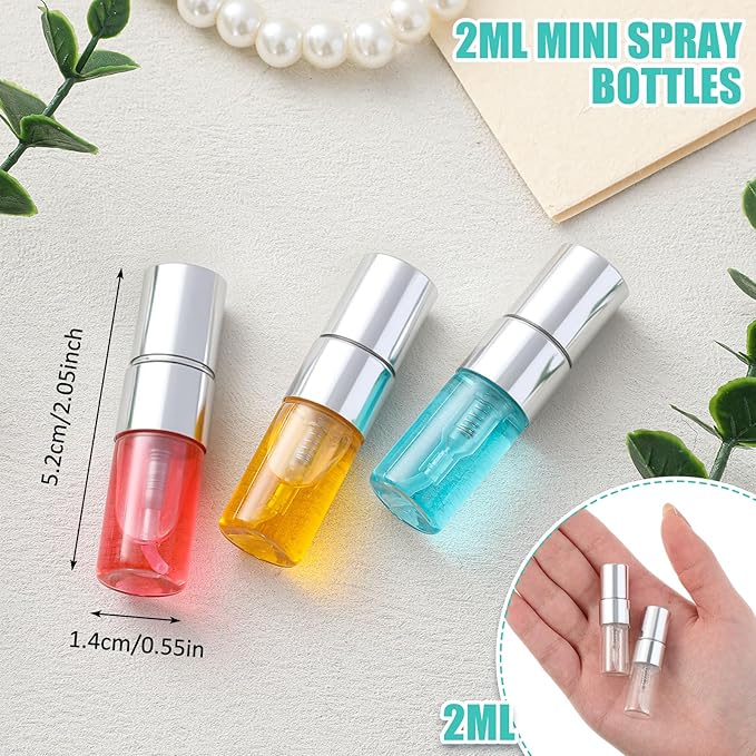Zhehao 50 Pcs Mini Spray Bottles 2 ml Clear Glass Perfume Bottles Refillable Fine Mist Perfume Atomizer Portable Empty Sample Containers for Cleaning, Essential Oils, Travel (Silver Cap)