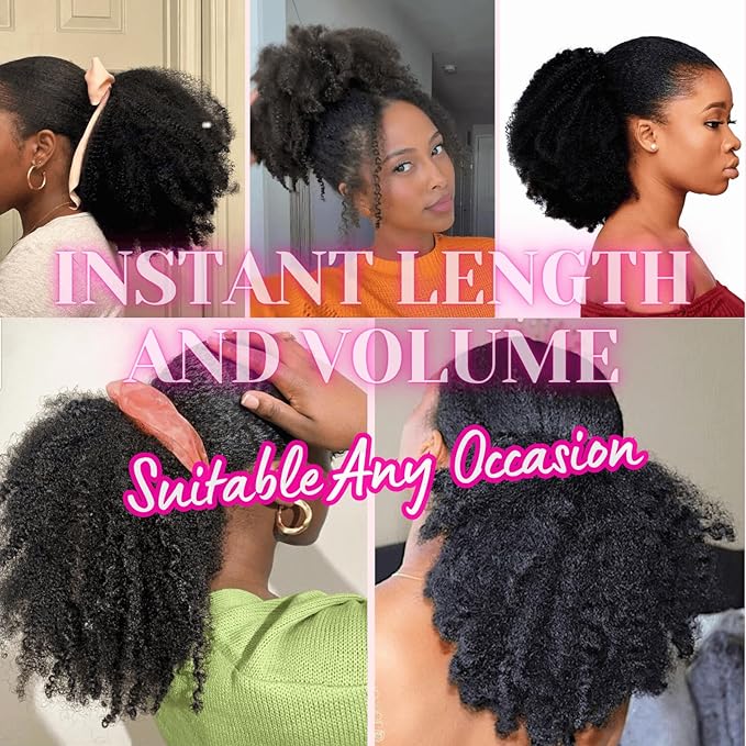 Short Marley Hair Drawstring Ponytail Black 4C Afro Puff Bun Braiding Ponytail Hair with Clips Synthetic Afro Kinky Curl Pony Tail Hairpiece for Black Women - Natural Black 12"