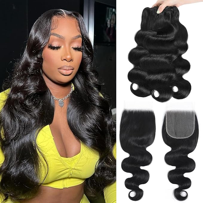 12A Human Hair Bundles with Closure 24 26 28+22 Inch Body Wave Bundles 5X5 HD Lace Closure Human Hair 100% Brazilian Virgin Hair Extensions 3 Bundle Deals Hair Quick Weave Bundle for Women