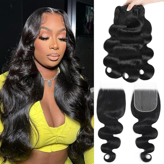 12A Human Hair Bundles with Closure 24 26 28+22 Inch Body Wave Bundles 5X5 HD Lace Closure Human Hair 100% Brazilian Virgin Hair Extensions 3 Bundle Deals Hair Quick Weave Bundle for Women