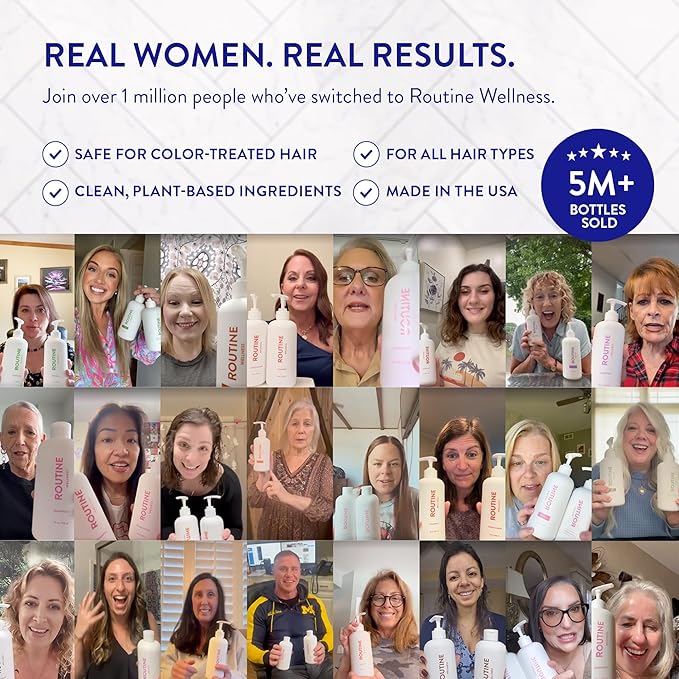 Routine Wellness Shampoo and Conditioner Set and Hair Serum for Thinning Hair - DHT Blocker Women & Men - Color Safe Shampoo for Hair Loss & Healthier Hair - Rose Hips Set + Serum