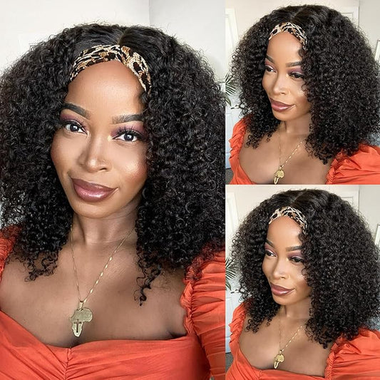 Kinky Curly Headband Wig Human Hair Curly Headband Wig Human Hair 150% Density Glueless None Lace Front Wig Brazilian Virgin Headband Half Wigs for Black Women Natural Color 16Inch