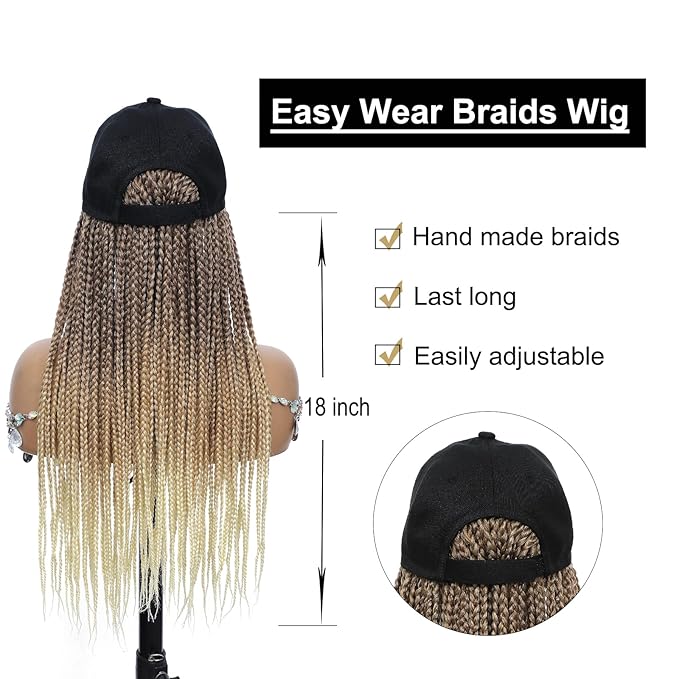 Hat Wig for Women Baseball Cap with blonde Braided Hair Attached Synthetic Box Braid Wig Hat Adjustable Black Cap with 18inch long ombre brown bonde light blonde Braids for Daily Outdoor Halloween Use