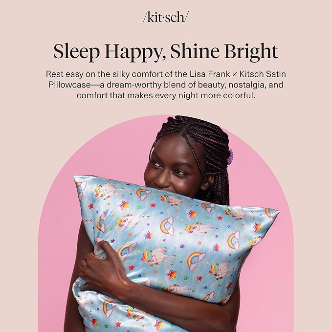 Kitsch x Lisa Frank Satin Pillowcase with Zipper for Hair & Skin, Softer Than Silk Pillow Cases Queen, Wrinkle-Free, Smooth and Cooling Satin Pillow Covers Standard/Queen Size 19x26 - MarkieTM