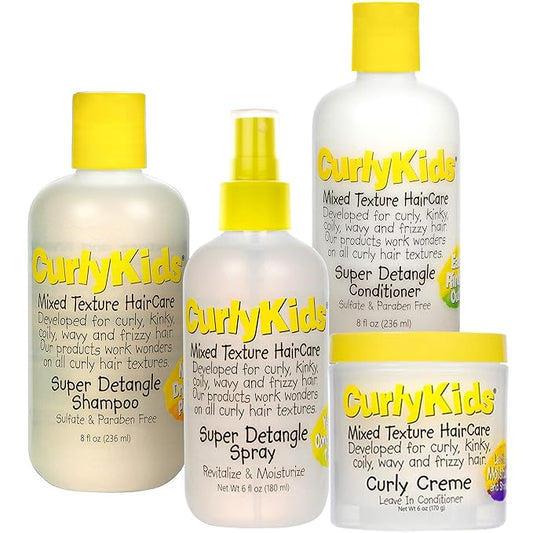 CurlyKids Textured Hair Care Set with Hair Detangler Spray, Kids Shampoo, Conditioner & Creme for Curly, Frizzy, & Wavy Hair | Sulfate & Paraben-Free Formula to Detangle, Hydrate, and Revitalize Curls