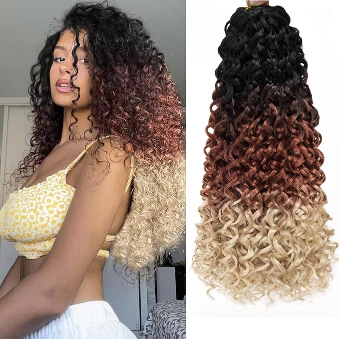 YXCHERISHAIR 8 Packs Curly Crochet Hair GoGo Curl Crochet hair for Women Deep Wave Braiding hair,Synthetic Bohemian Crochet Braid Water Wave Crochett hair Extensions(Ombre Brown Blonde, 18inch)