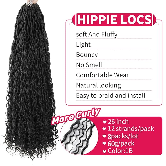 Goddess Locs Crochet Hair 26Inch 8Packs Boho Faux Locs,Crochet Loc With Curly Ends River Hippie Bohemian Loc Crochet Hair for Black Women(1B, 26inch(Pack of 8))