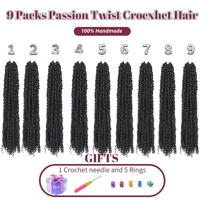 9 Packs Pre-Twisted Passion Twist Crochet Hair,22 Inch Natural Black Crochet Twists Pre Looped Short Passion Twist Crochet Braiding Hair Extensions for Women(22 Inch,1B#)