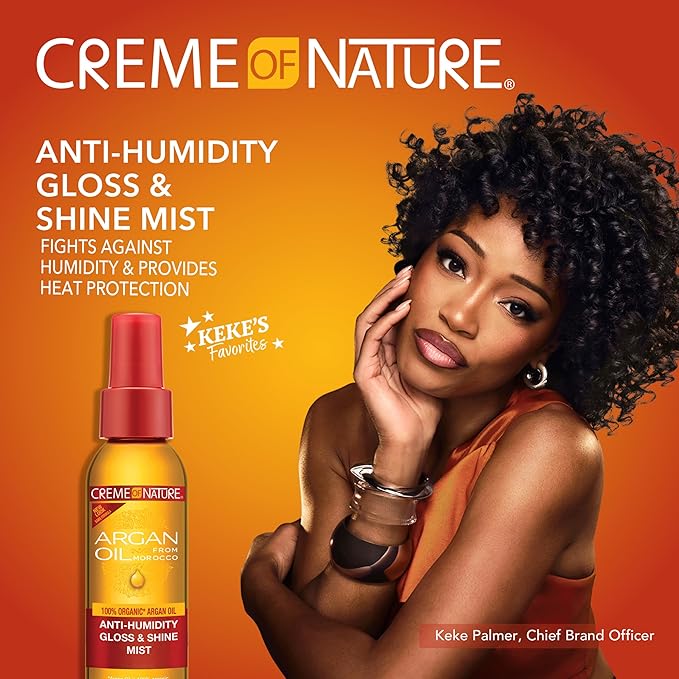 Creme of Nature Anti-Humidity Gloss & Shine Mist, Lightweight Frizz Control and Heat Protection, Infused with 100% Organic Argan Oil from Morocco, 4 oz